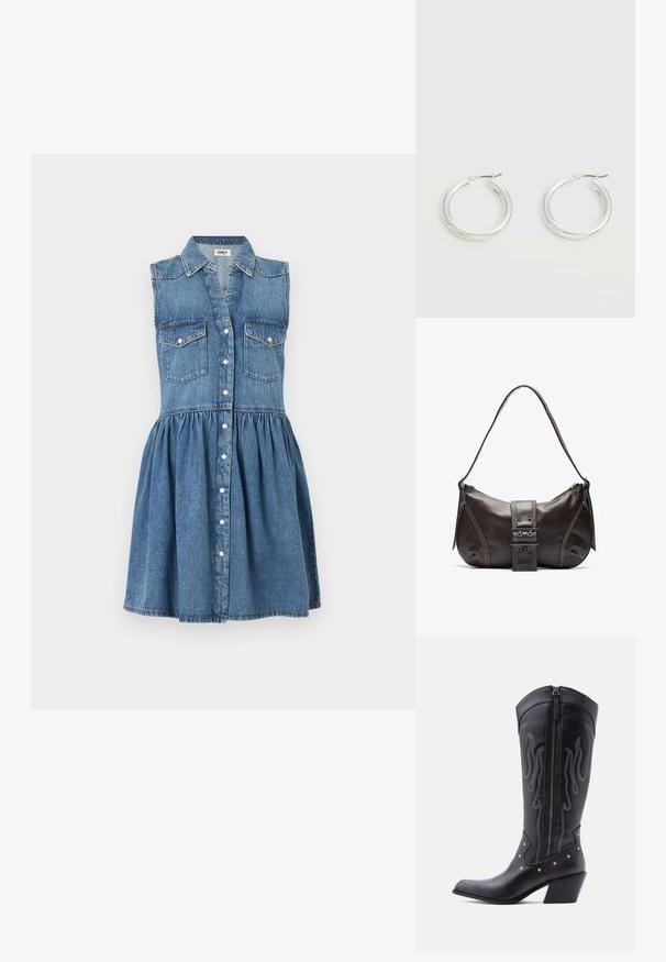 Robe sans manches en denim bleu avec un col chemise, fermeture boutonnée à l'avant, deux poches à rabat sur la poitrine, et une taille froncée créant une jupe évasée.; Bottes de cow-boy en cuir noir avec bout pointu, coutures apparentes, ornements à clous argentés et fermeture éclair sur le côté intérieur.; Sac à épaule en cuir marron avec une forme courbée, présentant un détail de boucle proéminent, des coutures contrastantes et une seule bandoulière.; Paire de boucles d'oreilles créoles moyennes argentées brillantes avec de fines attaches métalliques sur un fond clair et neutre.