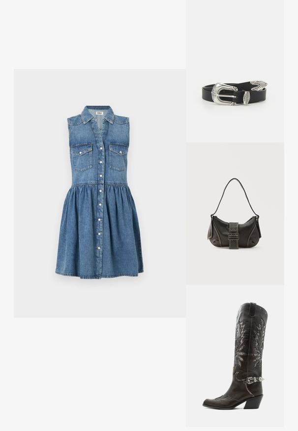 Robe sans manches en denim bleu avec un col chemise, fermeture boutonnée à l'avant, deux poches à rabat sur la poitrine, et une taille froncée créant une jupe évasée.; Botte de cowboy en cuir noir avec découpes décoratives, boucle argentée et talon incliné, présentée sur fond blanc.; Sac à épaule en cuir noir avec une sangle à boucle, des bords arrondis et des coutures blanches contrastées sur un fond uni.; Ceinture en cuir noir avec une grande boucle en métal argenté dotée de détails complexes et d'accents décoratifs à chaque extrémité.