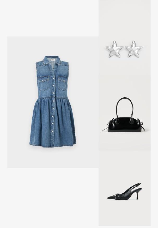 Robe sans manches en denim bleu avec un col chemise, fermeture boutonnée à l'avant, deux poches à rabat sur la poitrine, et une taille froncée créant une jupe évasée.; Escarpin slingback à talon haut en cuir noir avec bout pointu, boucle et détail de bride œillet à l'avant.; Petit sac à main noir brillant avec deux longues anses et des détails à cordon sur les côtés sur un fond clair uni.; Boucles d'oreilles argentées en forme d'étoile, avec une surface lisse et brillante. Chaque boucle d'oreille possède cinq pointes et des détails subtils de texture de surface.