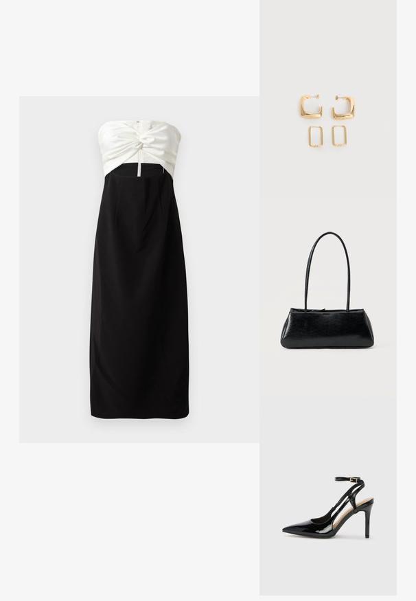 Stropeløs kjole med en cremet satin overdel med knude-detail, parret med en sort, glat stofnederdel og en skjult bagside lynlås.; Sorte laklæder højhælede slingback-sko med spids tå, justerbar ankelrem og åben sider. Glat tekstur.; Sort rektangulær skuldertaske med lange tynde stropper og en glat, blank tekstur på en ensfarvet baggrund.; To par guldfarvede geometriske hoop-øreringe på en ensfarvet hvid overflade, et par firkantede og solide, et par rektangulære og hule.