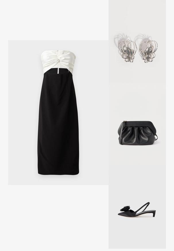 Stropeløs kjole med en cremet satin overdel med knude-detail, parret med en sort, glat stofnederdel og en skjult bagside lynlås.; Sort satin slingback-sko med spids tå, der har en dekorativ tekstureret blomstermotiveret detalje og en lav, kittenhæl.; Sort læderclutch med struktureret ramme, rynkedetaljer og en slank håndledsrem på hvid baggrund.; Par sølvøreringe i metal med åbent trådburdesign og glatte, centrale ovale former, der kaster buede skygger på en hvid baggrund.