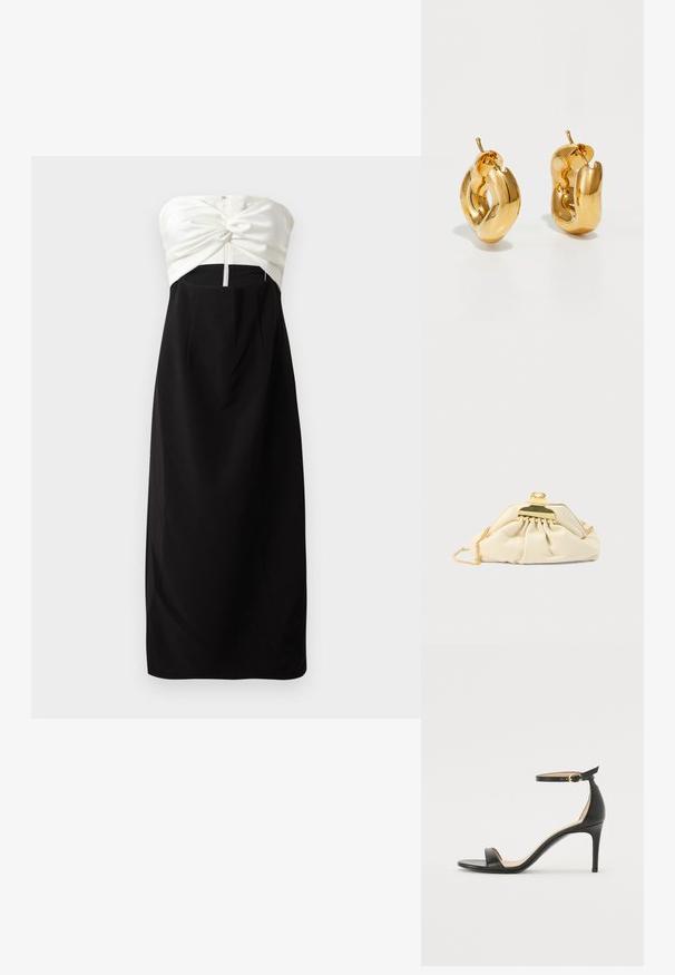 Stropeløs kjole med en cremet satin overdel med knude-detail, parret med en sort, glat stofnederdel og en skjult bagside lynlås.; Sort læder højhælede sandaler med ankelrem. Har en glat tekstur, åben tå og en tynd hæl. Guldtonet spænde detalje.; Kremfarvet clutchtaske lavet af blødt materiale, med guldlås og kæderem, og med et smock-design på taskens overflade.; Chunky guld hoop øreringe med et let snoet, rørformet design og postsystem bagpå, på en hvid baggrund.