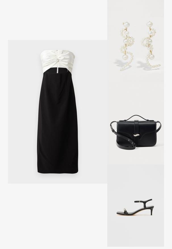 Stropeløs kjole med en cremet satin overdel med knude-detail, parret med en sort, glat stofnederdel og en skjult bagside lynlås.; Sort læder sandal med hæl og ankelrem, åben tå, firkantet front og sølvfarvede metalaccenter. Figurformet design med en slank profil.; Sort lædertaske med topstykke, sølvspænde og justerbar skulderrem på hvid baggrund.; Hvide perleøreringe med et snoet design, der har varierende størrelser af perler og guld accenter. Glat overflade og elegant form.