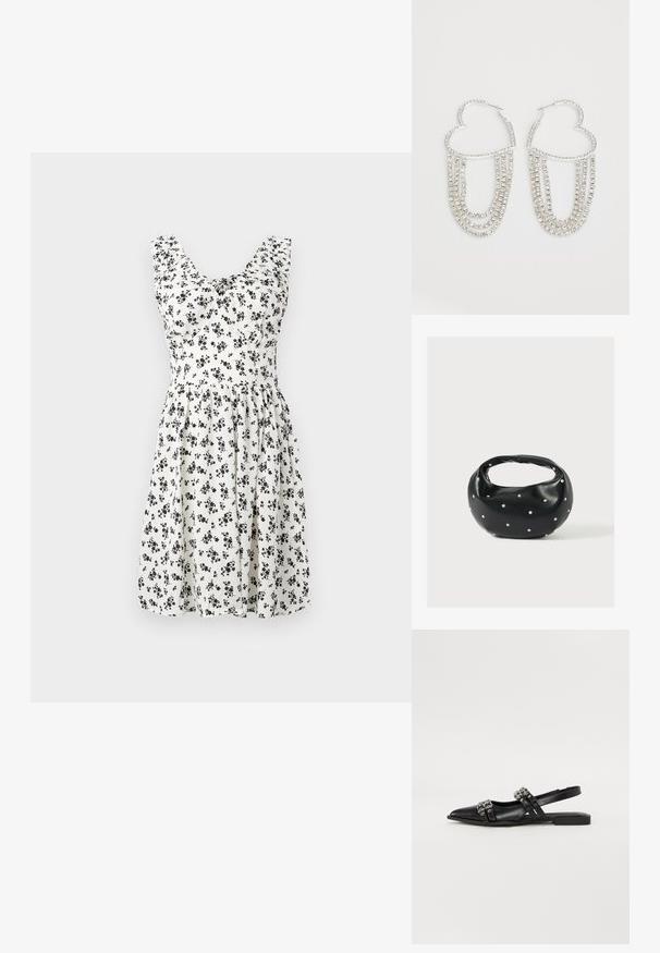 Witte bloemenjurk met zwarte mini bloemen, mouwloos ontwerp, gerimpelde lijfje en uitlopende rok. Glad materiaal met een vloeiende textuur.; Even&Odd by Zalando Slingback ballerina´s - black; Zwarte leren handtas met een afgeronde vorm, versierd met zilveren studs, en een korte handgreep. Gladde textuur en ritsluiting.; Zilveren oorringen in de vorm van een hart, versierd met watervalletjes van heldere rhinestones voor extra sprankeling en textuur.