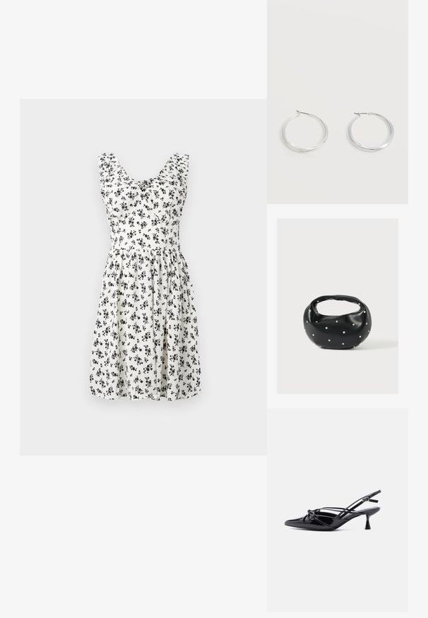 Vestido floral blanco con mini flores negras, diseño sin mangas, corpiño fruncido y falda acampanada. Tejido suave con una textura fluida.; Zapato de salón slingback de charol negro con punta afilada, tacón bajo tipo kitten, y detalle decorativo de lazo anudado en la parte delantera.; Bolso de mano de cuero negro con forma redondeada, decorado con detalles de tachuelas plateadas y un asa corta. Textura lisa y cierre con cremallera.; Pendientes de aro de metal plateado con superficie lisa y ligeramente curvada y cierre de tipo mosquetón sobre un fondo blanco liso.