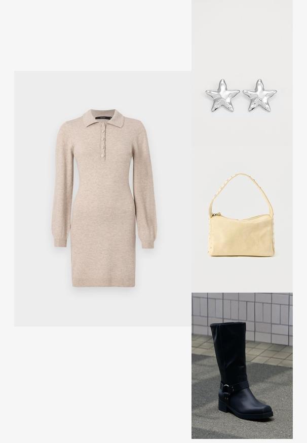 Robe en tricot beige avec un col, un plastron à cinq boutons et des manches longues avec des poignets côtelés. Texture lisse, silhouette ajustée.; Botte en cuir noire mi-mollet avec un petit talon bloc et une bride décorative avec boucle métallique autour de la cheville, sur un trottoir carrelé.; Petit sac à main en cuir beige avec une seule bandoulière et des clous argentés le long des bords et de la bandoulière, posé sur un fond uni.; Boucles d'oreilles argentées en forme d'étoile, avec une surface lisse et brillante. Chaque boucle d'oreille possède cinq pointes et des détails subtils de texture de surface.