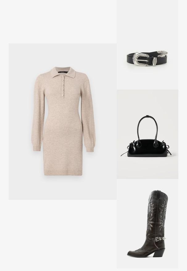 Robe en tricot beige avec un col, un plastron à cinq boutons et des manches longues avec des poignets côtelés. Texture lisse, silhouette ajustée.; Botte de cowboy en cuir noir avec découpes décoratives, boucle argentée et talon incliné, présentée sur fond blanc.; Petit sac à main noir brillant avec deux longues anses et des détails à cordon sur les côtés sur un fond clair uni.; Ceinture en cuir noir avec une grande boucle en métal argenté dotée de détails complexes et d'accents décoratifs à chaque extrémité.