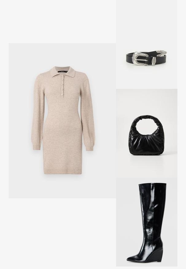 Robe en tricot beige avec un col, un plastron à cinq boutons et des manches longues avec des poignets côtelés. Texture lisse, silhouette ajustée.; Bottes à talons compensés noires en cuir montantes, avec un bout pointu et une finition lisse, présentant un design élégant et épuré.; Sac à main noir rembourré avec une poignée arrondie, présentant une surface lisse et brillante ainsi qu'une texture douce et matelassée. Pas de quincaillerie ou d'accents visibles.; Ceinture en cuir noir avec une grande boucle en métal argenté dotée de détails complexes et d'accents décoratifs à chaque extrémité.