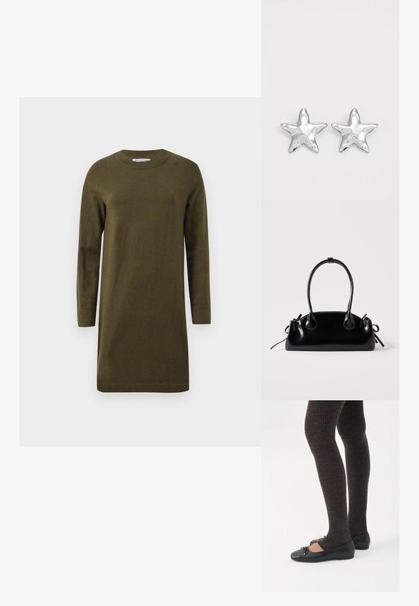 Olijfgroene gebreide jurk met lange mouwen, ronde halslijn en geribbelde zoom. Eenvoudig, recht gesneden ontwerp met een zachte textuur.; Benen met donkere geribbelde leggings gecombineerd met zwarte ballerina's met kleine strikdetails op een witte achtergrond.; Kleine zwarte glanzende handtas met twee lange hengsels en zijkant trekkoord details op een effen lichte achtergrond.; Zilveren stervormige oorbellen met een gepolijste, glanzende afwerking. Elke oorbel heeft vijf punten en subtiele textuurdetails op het oppervlak.