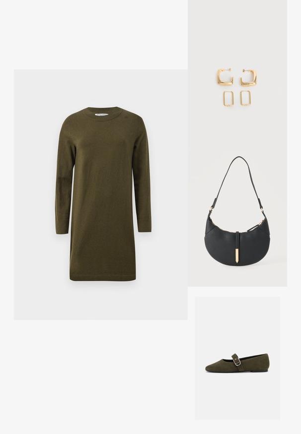 Vestido de punto verde oliva con mangas largas, escote redondeado y dobladillo acanalado. Diseño sencillo de corte recto con una textura suave.; Zapato plano Mary Jane de ante verde oliva con hebilla de plata y punta redondeada, mostrado sobre un fondo blanco.; Bolso negro en forma de media luna con una sola correa, cremallera dorada y una lengüeta decorativa rectangular dorada en la parte delantera.; Dos pares de pendientes de aro geométricos en tono dorado sobre una superficie blanca lisa, un par cuadrados y sólidos, un par rectangulares y huecos.