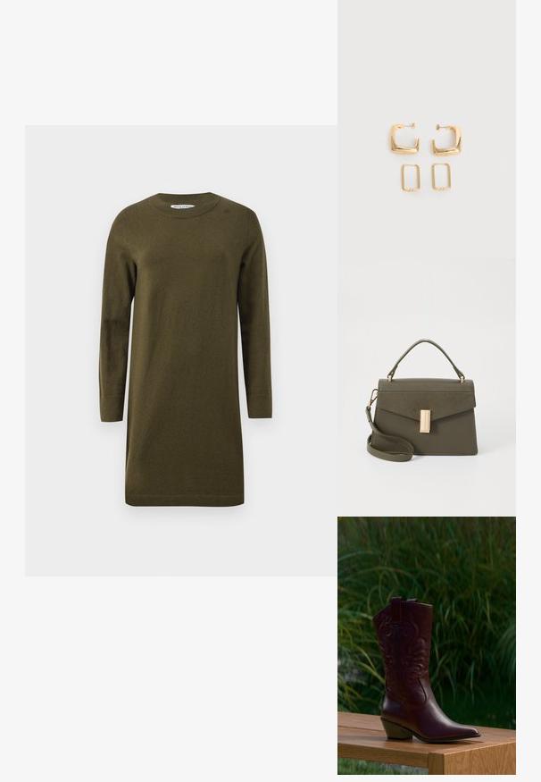 Vestido de punto verde oliva con mangas largas, escote redondeado y dobladillo acanalado. Diseño sencillo de corte recto con una textura suave.; Bota de vaquero de cuero marrón oscuro con motivos bordados, tacón bajo inclinado y lengüetas para tirar, colocada sobre un banco de madera con fondo de plantas verdes.; Pequeño bolso de mano verde oliva con un diseño estructurado, que cuenta con un asa superior, una correa de hombro desmontable y un cierre frontal en tono dorado.; Dos pares de pendientes de aro geométricos en tono dorado sobre una superficie blanca lisa, un par cuadrados y sólidos, un par rectangulares y huecos.