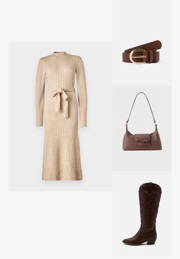 Beiges, geripptes Strickkleid mit langen Ärmeln, hohem Kragen und selbstgebundenem Gürtel in der Taille, mit tailliertem Oberteil und ausgestelltem Saum.; Hoher brauner Leder-Cowboystiefel mit detaillierter Naht, spitzer Spitze und Blockabsatz auf schlichtem hellem Hintergrund.; Braune Leder-Umhängetasche mit einer vorderen Klappentasche, die ein gestepptes Schleifendetail und einen verstellbaren Riemen aufweist.; Brauner Ledergürtel mit einer glänzenden goldenen Schnalle und zwei Lederschlaufen. Glatte Textur, flaches Design und abgerundete Enden.