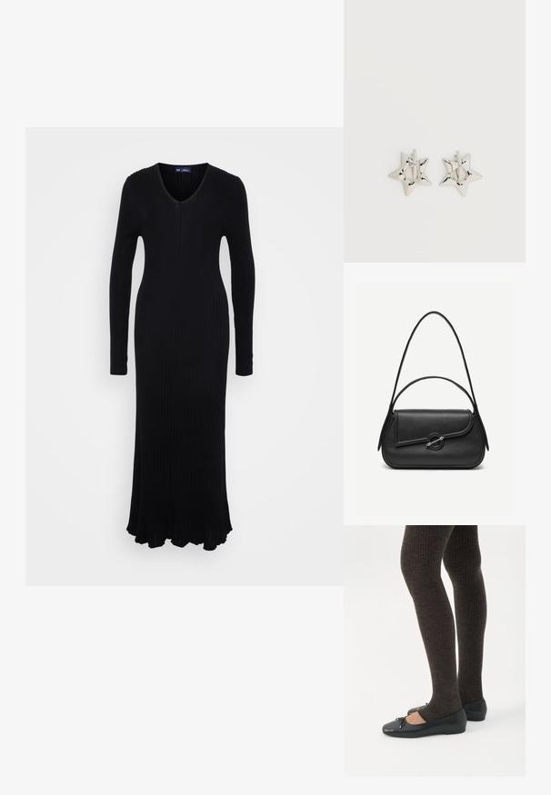 Vestido negro de punto acanalado con mangas largas, escote en V y dobladillo acampanado. Fabricado con un material elástico para una silueta ajustada.; Piernas con leggings oscuros acanalados combinados con bailarinas negras que presentan pequeños detalles de lazo sobre un fondo blanco.; Bolso de cuero negro con bordes redondeados, solapa asimétrica, cierre circular de metal y correas de hombro cortas y largas.; Pendientes de aro plateados en forma de estrella con un acabado liso y pulido sobre un fondo blanco liso.