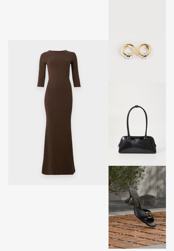Braunes geripptes Maxikleid mit Dreiviertelärmeln, figurbetonter Silhouette und ausgestelltem Saum. Glatte Textur über das gesamte Kleid.; Schwarze High-Heel-Pantolette mit goldener Schnalle und „GUESS“-Logo innen, auf strukturiertem Außenfliesenboden mit verschwommenem grünem Hintergrund positioniert.; Schwarz glänzende Handtasche mit geschwungener Silhouette, zwei Griffen und einem Logo-Plakette auf der Vorderseite. Reißverschlussverschluss und glänzende Hardwareakzente.; Goldene runde Ohrringe mit jeweils zwei kleinen silbernen Ringen, die dezent gravierte Markennamen zeigen, vor weißem Hintergrund platziert.