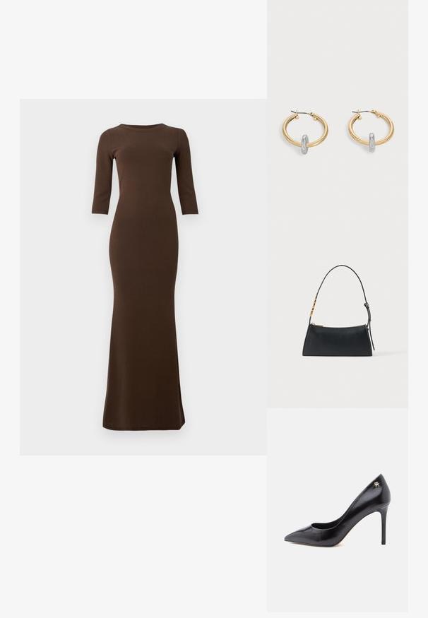 Vestido maxi marrón de canalé con mangas tres cuartos, silueta ajustada y dobladillo acampanado. Textura suave en toda la prenda.; Zapato de tacón alto de cuero negro con punta puntiaguda, con un diseño recortado y un pequeño detalle de logo dorado en el talón.; Bolso de mano de cuero negro con cremallera dorada y correa ajustable con detalles rectangulares dorados sobre un fondo blanco.; Par de pendientes de aro en tono dorado con pequeño detalle de aro en tono plateado en cada uno, expuestos sobre un fondo gris claro.