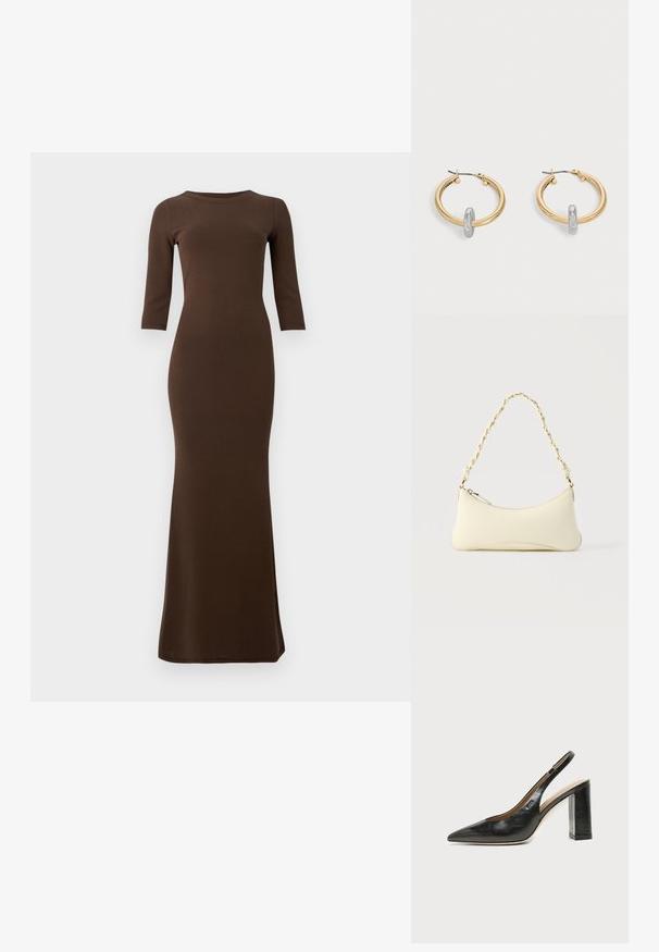 Brun, ribbet maxikjole med trekvartærmer, tætsiddende silhuet og flared kant. Glat tekstur gennem hele beklædningen.; Sort læder peep-toe slingback sko med høj blokhæl og beige indvendig foring mod en ensfarvet lys baggrund.; Lille cremefarvet taske med en kurvet form og fletet guldfarvet kæde som håndtag, lynlås lukning på toppen; Par guldtonede hoop øreringe med lille sølvfarvet loop-detalje på hver, vist mod lysegrå baggrund.