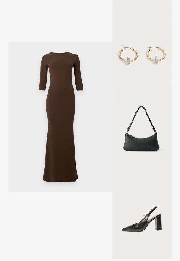 Vestido maxi marrón de canalé con mangas tres cuartos, silueta ajustada y dobladillo acampanado. Textura suave en toda la prenda.; Zapato slingback de piel negra con puntera puntiaguda, tacón alto y ancho, y forro interior beige sobre un fondo claro y liso.; Bolso de hombro de cuero negro con forma rectangular curvada, cadena dorada entrelazada en una correa negra trenzada y cierre superior con cremallera.; Par de pendientes de aro en tono dorado con pequeño detalle de aro en tono plateado en cada uno, expuestos sobre un fondo gris claro.
