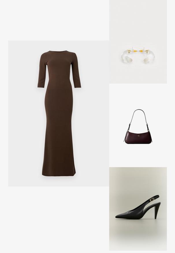 Vestido maxi marrón de canalé con mangas tres cuartos, silueta ajustada y dobladillo acampanado. Textura suave en toda la prenda.; Zapato de tacón alto tipo slingback de cuero negro con punta puntiaguda, hebilla dorada y tacón afilado sobre un fondo neutro.; Bolso de mano de cuero burdeos oscuro con una delgada correa negra para el hombro y pequeño logo dorado "cK" en el centro delantero.; Pendientes de aro de acrílico transparente con acentos dorados, que presentan un diseño curvado y un cierre transparente. Textura suave, estilo minimalista.