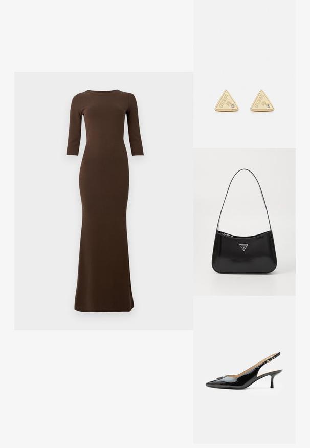 Braunes geripptes Maxikleid mit Dreiviertelärmeln, figurbetonter Silhouette und ausgestelltem Saum. Glatte Textur über das gesamte Kleid.; Schwarzer Pumps mit Riemchen aus Lackleder, spitz zulaufender Zehenpartie, kleinem Kitten-Heel und silberner Schnalle auf weißem Hintergrund.; Schwarze patentierte Leder-Schultertasche mit geschwungener Form, ausgestattet mit einem silbernen Dreieckslogo und einem Reißverschluss. Glatte Textur und schmaler Riemen.; Guess PARTY - Ohrringe - gold-coloured