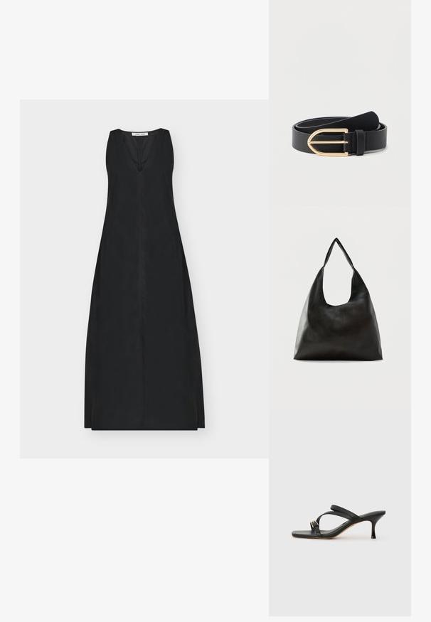 Robe maxi noire sans manches avec un décolleté en V profond, un corsage ajusté et une jupe lisse en ligne A.; Sandales à talons noirs avec un bout carré, deux brides croisées, accent de boucle dorée et un fin talon haut. Texture en cuir lisse.; Sac bandoulière en cuir noir lisse avec une large sangle unique et un design décontracté et minimaliste sur un fond uni.; Ceinture en cuir noir enroulée avec une boucle en métal doré brillant sur un fond clair.