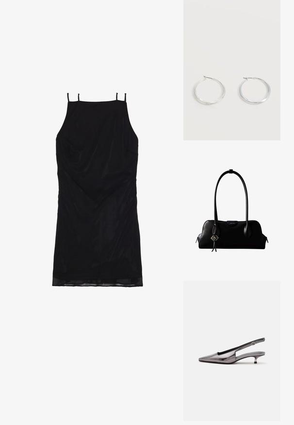 Čierne bezrukávové šaty vyrobené z hladkej tkaniny, s tenkými ramienkami a drapovaným dizajnom so jemne zakriveným lemom.; Metalicky sivá slingback obuv so špicatou špičkou, nízkym kitten podpätkom a nastaviteľným remienkom na bielom pozadí.; Čierna kožená kabelka Calvin Klein s dlhými rúčkami, prednou značkou s logom a strieborným geometrickým príveskom visiaci na jednej rúčke.; Strieborné kovové kruhové náušnice s hladkým, mierne zakriveným povrchom a zapínaním na poistku na jednoduchom bielom pozadí.