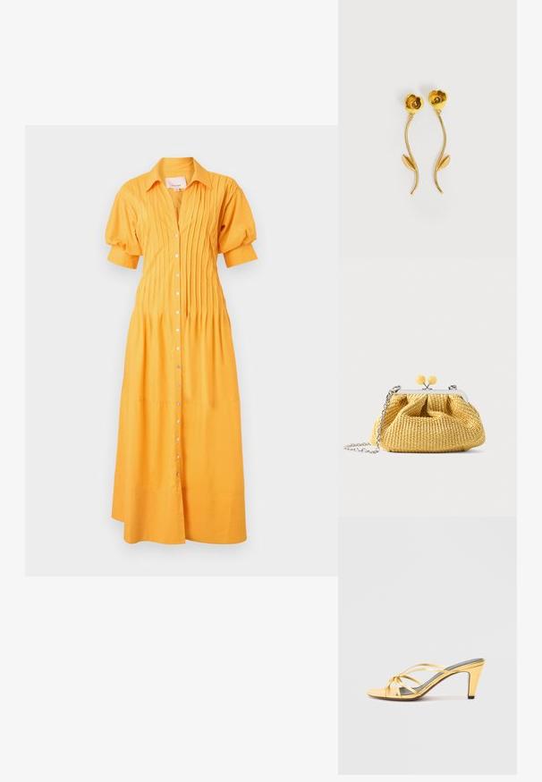Cinq à Sept MONTY DRESS - Skjortekjole - papaya; Gul metalisk højhælet sandal med krydsede remme, åben tå og spids hæl. Tekstureret fodseng i grå.; Lille gul vævet håndtaske med sølvramme, to gule kuglelåse og en sølvkæde som rem på hvid baggrund.; Øreringe i guldfarvet metal formet som blomster med buede stilke og et enkelt blad på hver stilk, mod en hvid baggrund.