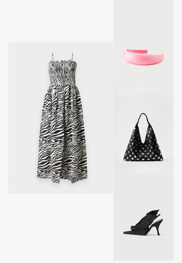 Maxi-jurk met zebra-print, voorzien van een smock-borstel, verstelbare bandjes en een vloeiende rok. Gemaakt van lichte stoffen in zwart en crèmekleuren.; Zwarte slingback hoge hakken met een puntige neus, voorzien van een gedrapeerde bovenkant van textiel en een strikaccent op het voorpaneel.; Zwarte leren tas met een driehoekige vorm, voorzien van zilveren metallic stippen en een gestructureerd handvat. Over het algemeen een gladde afwerking.; Brede roze gewatteerde stoffen hoofdband met een gladde textuur op een witte achtergrond.