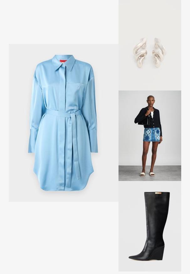 Vestido camisero de satén azul claro con cuello, bolsillo en el pecho, mangas largas y un cinturón a juego en la cintura. Diseño de dobladillo curvado.; Bota de cuero negra de altura hasta la rodilla con punta afilada, tacón tipo cuña y una chapa de acento dorado en la parte superior. Textura suave y diseño elegante.; Cárdigan negro de punto, blusa blanca, falda de mezclilla con patrón de diamantes en azul y negro, bolso negro y sandalias deslizantes beige.; Pendientes de clip de metal plateado retorcido con un acabado liso y brillante, que presentan un diseño moderno y abstracto en espiral.