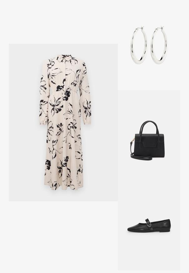 Lang beige kjole med sort blomstret tryk, lange ærmer, samlet talje og krave med knaplukning foran.; Sorte læder flade sko med rund tå, et enkelt justerbart spænde og en glat, blank overflade. Minimalistisk design med en lav hæl.; Sort struktureret håndtaske lavet af læder med et topgreb, aftagelig skulderrem og detalje med frontklap. Guldhardware accenter.; Sølvøreringe i form af hoops med en glat, blank finish. Cirkulær form, der har en sikker lås. Simpelt og elegant design.