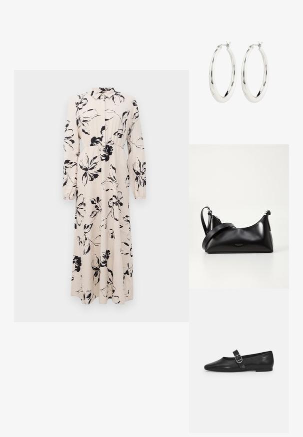 Lang beige kjole med sort blomstret tryk, lange ærmer, samlet talje og krave med knaplukning foran.; Sorte læder flade sko med rund tå, et enkelt justerbart spænde og en glat, blank overflade. Minimalistisk design med en lav hæl.; Sort læderhåndtaske med en glat tekstur. Har en justerbar stropp og et enkelt, minimalistisk design med lynlås.; Sølvøreringe i form af hoops med en glat, blank finish. Cirkulær form, der har en sikker lås. Simpelt og elegant design.