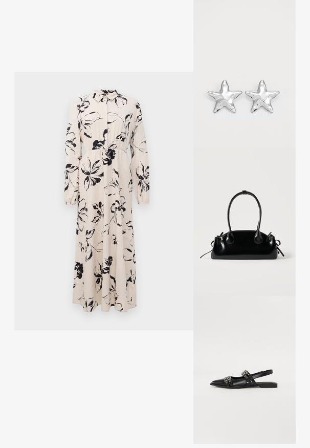 Lang beige kjole med sort blomstret tryk, lange ærmer, samlet talje og krave med knaplukning foran.; Even&Odd Slingback-ballerinasko - black; Lille sort blank håndtaske med to lange håndtag og snøre-detaljer i siden på en ensfarvet lys baggrund.; Sølvstjernede øreringe med en poleret, blank overflade. Hver ørering har fem spidser og subtile teksturdetaljer på overfladen.