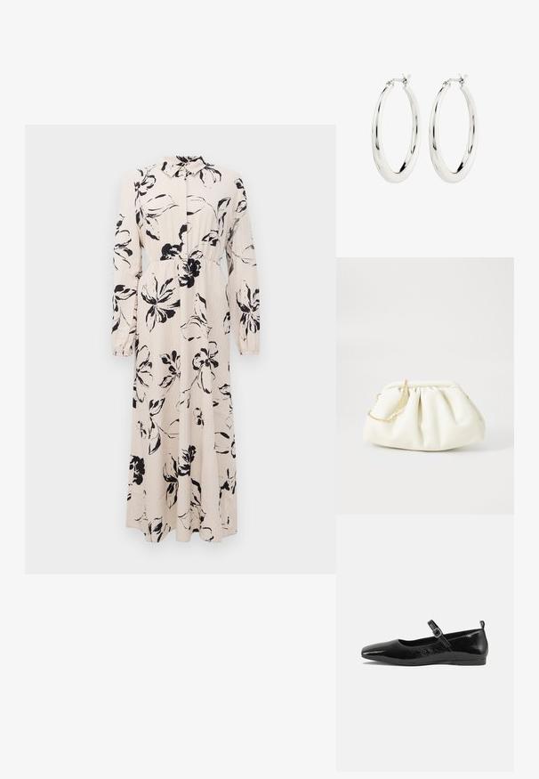 Lange beige jurk met zwart bloemenpatroon, lange mouwen, geraffineerde taille en een kraag met knoopsluiting aan de voorkant.; Zwarte patenten leren ballerina met een spitse neus, een enkelbandje met een gesp en een gladde, glanzende textuur. Lage hak voor comfort.; Witte leren handtas met een geassembleerd ontwerp, voorzien van een gouden kettingband en een ronde vorm. Gladde textuur met zachte plooien en geen patronen.; Zilveren oorbellen in de vorm van een gladde, glanzende ring. Circulaire vorm, voorzien van een veilige sluiting. Eenvoudig en elegant ontwerp.