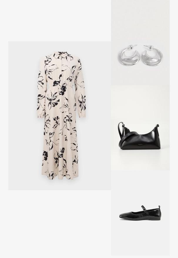 Robe longue beige avec imprimé floral noir, manches longues, taille froncée et col à boutonnière.; Chaussure plate en cuir verni noir avec un bout pointu, une sangle de cheville avec boucles, et une texture lisse et brillante. Talon bas pour le confort.; Sac à main en cuir noir avec une texture lisse. Dispose d'une bandoulière adjustable et d'un design élégant et minimaliste avec une fermeture éclair.; Une paire de boucles d'oreilles en croissant argenté poli avec des supports en plastique transparent sur une surface blanche.