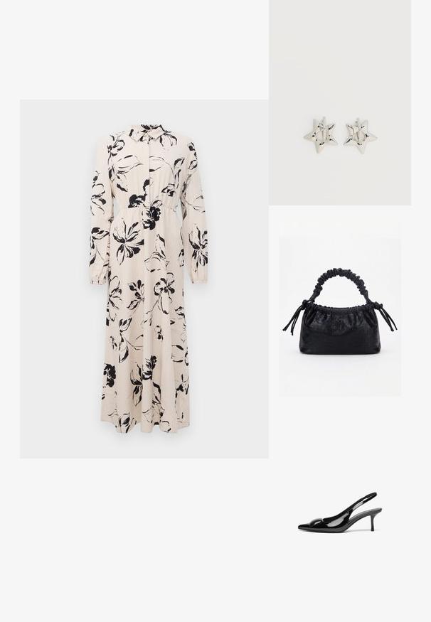 Lange beige jurk met zwart bloemenpatroon, lange mouwen, geraffineerde taille en een kraag met knoopsluiting aan de voorkant.; Zwarte gepatineerde leren slingback hakken met een puntige neus en een glanzende afwerking. Heeft een slanke hak en een ronde accent op de bovenkant.; Zwarte handtas met krokodillenstructuur, geplooide bovenrand, samengevoerde handgreep en koordtassels aan elke kant tegen een witte achtergrond.; Zilverkleurige stervormige oorringen met een gladde, gepolijste afwerking op een effen witte achtergrond.