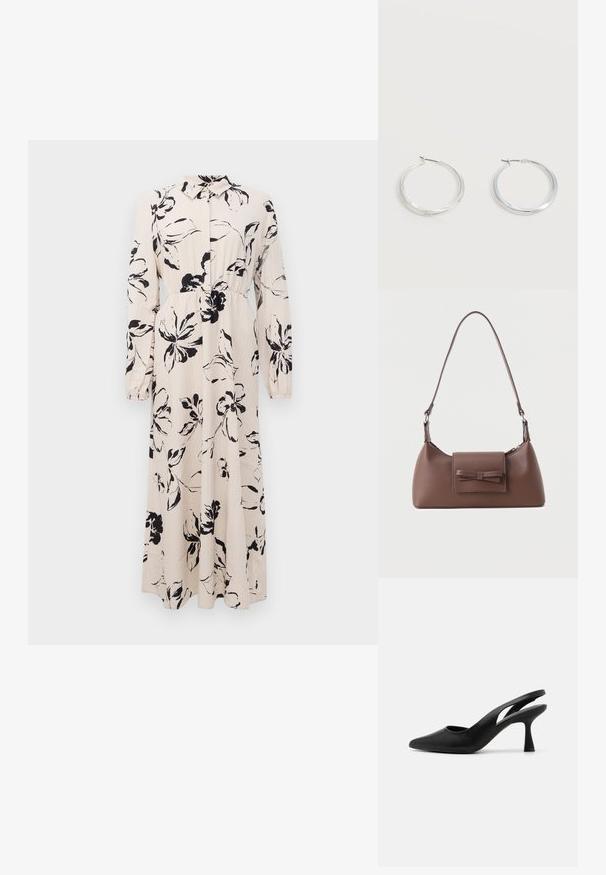 Lang beige kjole med sort blomstret tryk, lange ærmer, samlet talje og krave med knaplukning foran.; Sorte slingback hæle med spids tå, lavet af glat læder. Har et udskåret design og en robust, aftrappet hæl.; Brun skuldertaske i læder med en frontlomme med klap, der har en sydd sløjfedetalje, og en justerbar rem.; Sølvfarvede metaloorringe med glat, let buet overflade og låsemekanisme på en ensfarvet hvid baggrund.