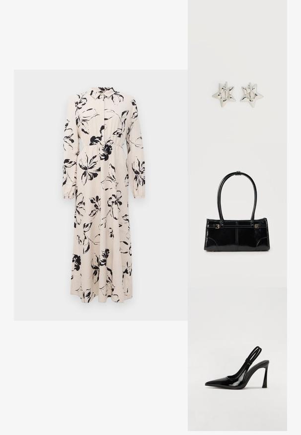 Lange beige jurk met zwart bloemenpatroon, lange mouwen, geraffineerde taille en een kraag met knoopsluiting aan de voorkant.; Zwarte gepatineerde leren slingback pump met puntige neus, slanke hoge hak en dubbele elastische band voor een veilige pasvorm. Gladde, glanzende oppervlakte.; Glanzend zwart rechthoekig handtasje met twee dunne schouderbanden en kleine gouden gespsdetails aan de voorkant.; Zilverkleurige stervormige oorringen met een gladde, gepolijste afwerking op een effen witte achtergrond.