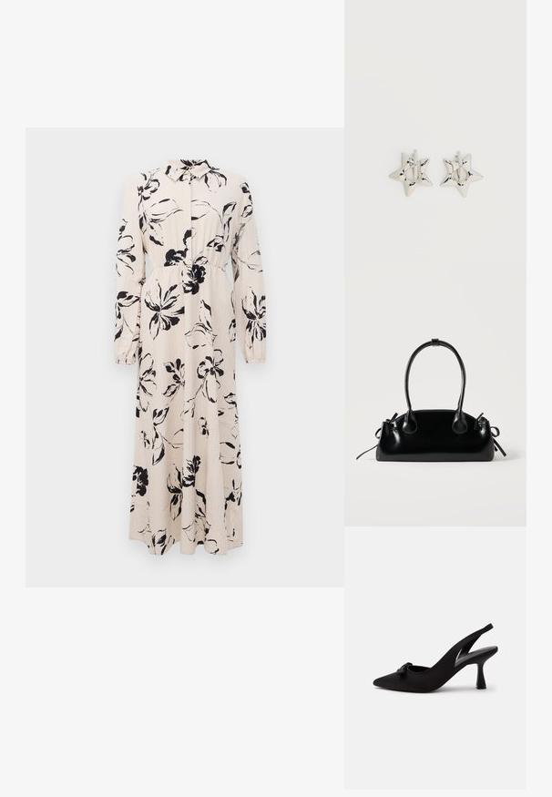 Robe longue beige avec imprimé floral noir, manches longues, taille froncée et col à boutonnière.; Chaussure à talon haut slingback noire à bout pointu avec un petit nœud sur le devant et un talon fin, présentée sur un fond blanc.; Petit sac à main noir brillant avec deux longues anses et des détails à cordon sur les côtés sur un fond clair uni.; Boucles d’oreilles créoles en forme d’étoile argentée avec une finition lisse et polie sur un fond blanc uni.