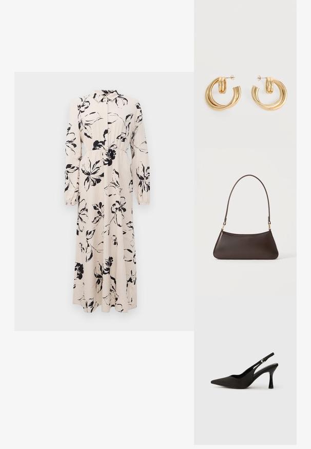 Lange beige jurk met zwart bloemenpatroon, lange mouwen, geraffineerde taille en een kraag met knoopsluiting aan de voorkant.; Zwarte slingback hakken met een spitse neus, een gladde matte afwerking en een slanke, glanzende hak. Verstelbare band met een klein gespdetail.; Donkerbruine leren handtas met een gebogen bovenrits en een dunne schouderriem met gouden sluitingen op een effen achtergrond.; Set glanzende gouden dubbele lus oorbellen met stekertjes op een witte achtergrond.