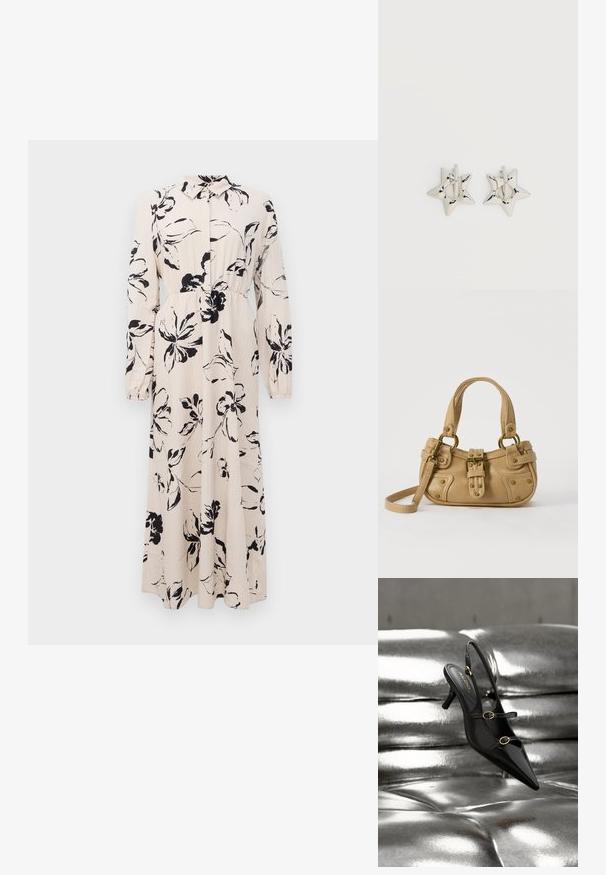 Vestido largo beige con estampado floral negro, mangas largas, cintura fruncida y frente de botones con cuello.; Zapato de tacón slingback negro con punta puntiaguda y dos correas con hebillas doradas, descansando sobre una superficie acolchada plateada y brillante.; Bolso de cuero beige con doble asa, hebilla y remaches de latón, y una correa de hombro ajustable sobre un fondo blanco.; Pendientes de aro plateados en forma de estrella con un acabado liso y pulido sobre un fondo blanco liso.
