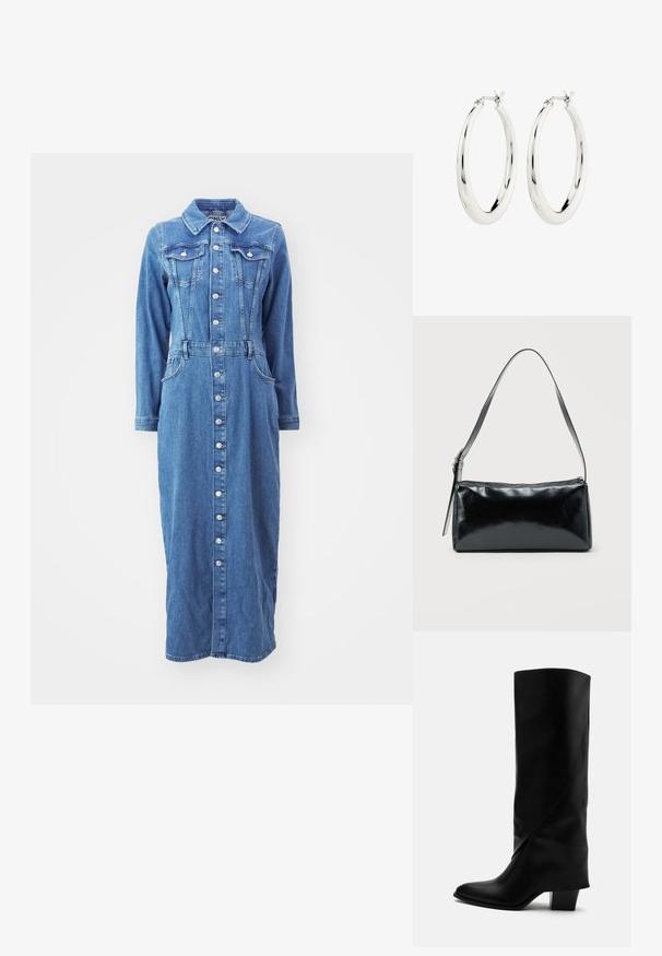 Vestido de denim con cierre de botones en el frente, mangas largas, bolsillos en el pecho y una cintura entallada, en un lavado azul medio con una silueta recta.; Bota alta de cuero negro con costuras anguladas, puntera puntiaguda y tacón grueso de altura media sobre fondo blanco.; Bolso de hombro rectangular negro con una correa ajustable y un cierre de cremallera superior sobre un fondo liso.; Pendientes de aro de plata con un acabado suave y brillante. Forma circular, con un cierre seguro. Diseño sencillo y elegante.