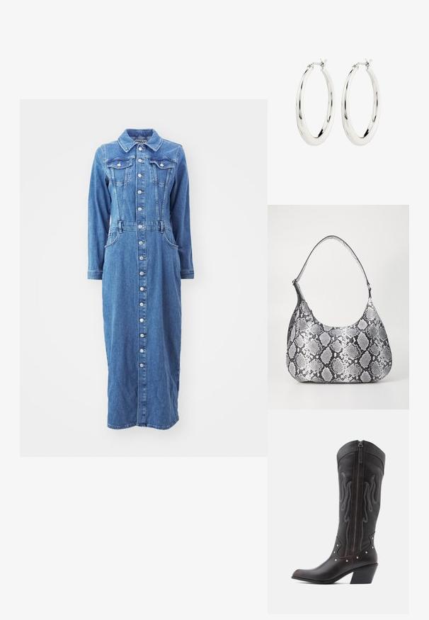 Denimkjole med knaplukning foran, lange ærmer, brystlommer og en tætsiddende talje, i en medium blå vask med en lige silhuet.; Brune læder cowboystøvler med flammebroderi, sidelukning med lynlås, sølvnitter, spids snude og lagdelt hæl.; Sort-hvid slangemønster skuldertaske med en rund form, glat tekstur og en buet rem. Har et sølvfarvet hardware-accents.; Sølvøreringe i form af hoops med en glat, blank finish. Cirkulær form, der har en sikker lås. Simpelt og elegant design.
