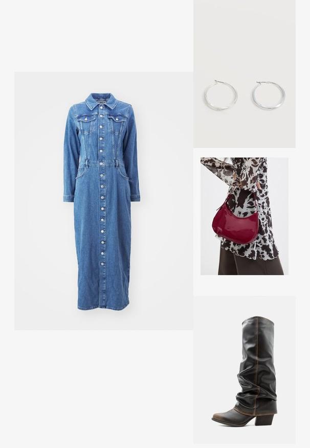 Denimkjole med knaplukning foran, lange ærmer, brystlommer og en tætsiddende talje, i en medium blå vask med en lige silhuet.; Høj sort læder slouchy støvle med brune accenter, spids tå og stabelhæle mod en ensfarvet hvid baggrund.; Kvinde iført en sort- og hvidmønstret bluse, der holder en blank rød skuldertaske mod en ensfarvet baggrund.; Sølvfarvede metaloorringe med glat, let buet overflade og låsemekanisme på en ensfarvet hvid baggrund.