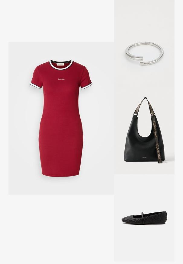 Rotes Baumwoll-T-Shirt-Kleid mit kurzen Ärmeln, mit einem weißen und schwarzen Rippkragen und Rippabschlüssen an den Ärmeln, featuring ein zentrales Logo über dem Saum.; Schwarzer flacher Schuh mit abgerundeter Spitze, geprägt mit einem geometrischen Muster und einem dünnen Riemen über dem Spann, seitlich dargestellt.; Schwarze Calvin Klein Lederschultertasche mit breitem, verstellbarem Riemen und seitlich wiederholtem Calvin Klein Logo in Beige.; Calvin Klein SPIRAL - Armband - silver-coloured