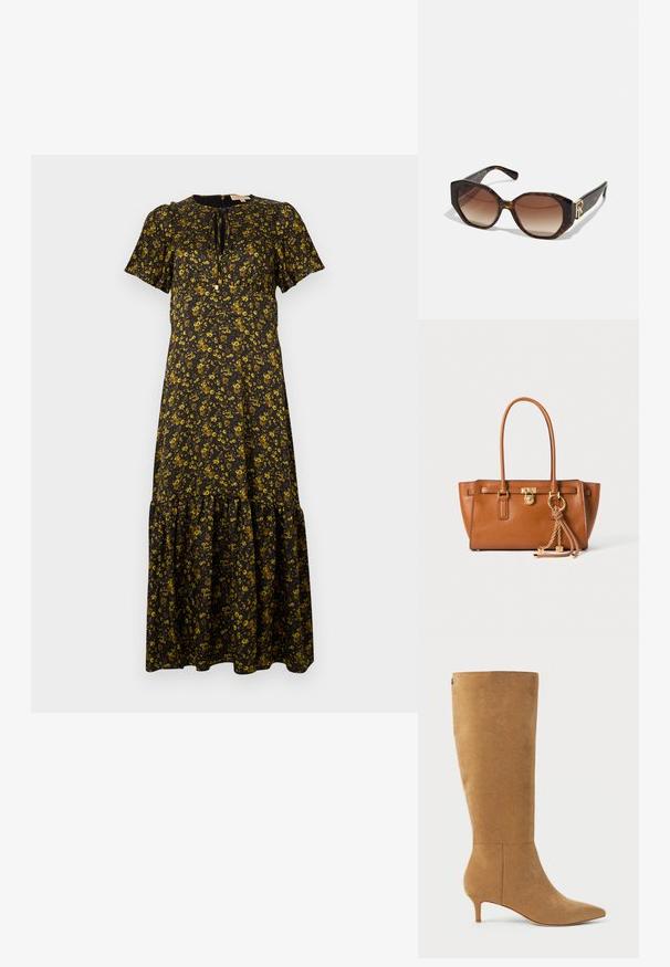 Blomster maxi kjole med korte ærmer, sort bund, gule blomster, rund halsudskæring, lagdelt kant og bindebånd ved halsen.; Lauren Ralph Lauren MCKAY SUEDE TALL BOOT HEEL - Høje støvler/ Støvler - camel; Ralph Lauren Solbriller - dark havana/brown gradient; Brun læder håndtaske med glat tekstur, rektangulær form, to håndtag, guldfarvet hardware samt dekorative kæde- og charme detaljer.
