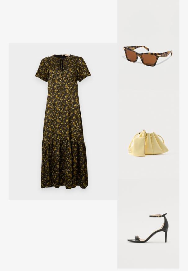 Robe maxi florale à manches courtes, fond noir, fleurs jaunes, encolure ronde, ourlet superposé et détail à nouer au cou.; Sandale à talons hauts en cuir noir avec une lanière de cheville. Présente une texture lisse, un bout ouvert et un talon fin. Détail de boucle en ton doré.; Lunettes de soleil rectangulaires écaille de tortue avec des verres marron et des accents dorés subtils sur les charnières et les branches.; Sac à main jaune pâle avec cordon de serrage et une petite pochette zippée assortie attachée, posé sur un fond blanc uni.