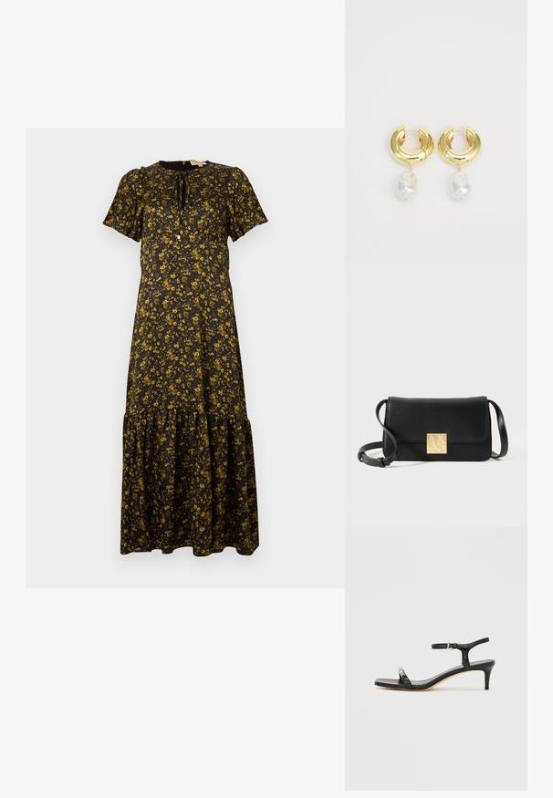 Robe maxi florale à manches courtes, fond noir, fleurs jaunes, encolure ronde, ourlet superposé et détail à nouer au cou.; Sandale noire en cuir à talon avec bride à la cheville, bout ouvert, devant carré et accent en métal argenté. Design ajusté avec un profil élégant.; Sac bandoulière noir rectangulaire en cuir texturé, avec un fermoir à logo carré doré et une bandoulière ajustable.; Boucles d'oreilles en métal doré avec une finition polie, ornées d'une perle blanche irrégulière suspendue. Design circulaire, texture lisse.