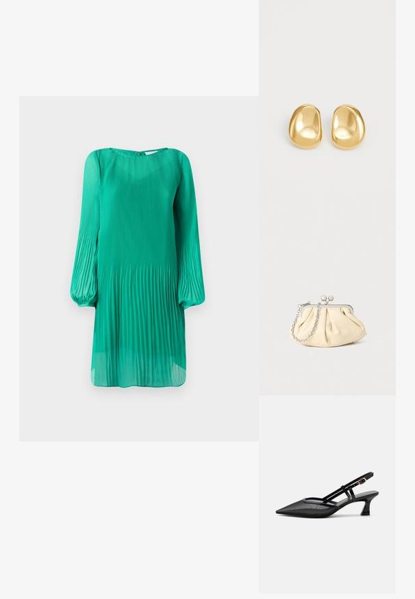 Groene geplisseerde jurk met lange ballonmouwen en een ronde halslijn. De stof is lichtgewicht en doorzichtig, met een vloeiende silhouet.; Zwarte slingbackschoen met puntige neus, mesh bovenwerk, dunne bandjes, gouden gesp en lage gebogen hak op witte achtergrond.; Geplooide beige leren clutch met een zilveren metalen frame, voorzien van twee ronde decoratieve sluitingen en een zilveren kettingriem.; Gouden studs met een gladde, ronde vorm en een reflecterend oppervlak, met een minimalistisch ontwerp en zonder zichtbare patronen.