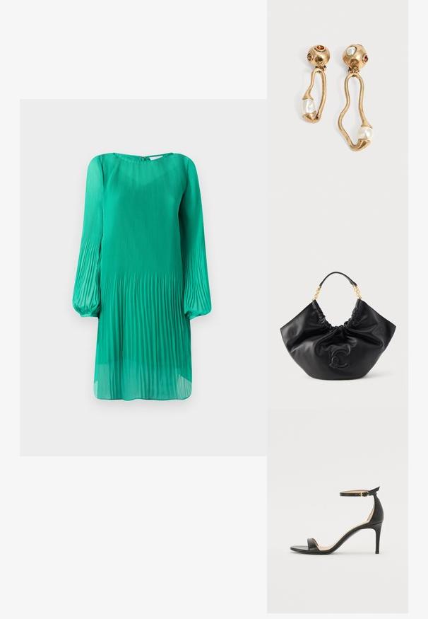 Vestido verde plisado con mangas largas tipo globo y escote redondo. La tela es ligera y transparente, con una silueta fluida.; Sándalo de tacón alto de piel negra con tiras en el tobillo. Presenta una textura suave, puntera abierta y un tacón delgado. Detalles de hebilla en tono dorado.; Bolso de cuero negro con parte superior fruncida, cadena dorada y asa de cuero, con un logo decorativo en relieve en el centro frontal.; Pendientes en tono dorado con formas abiertas irregulares, cada uno con una perla en la parte inferior y detalles de piedras preciosas en los clavos redondos.