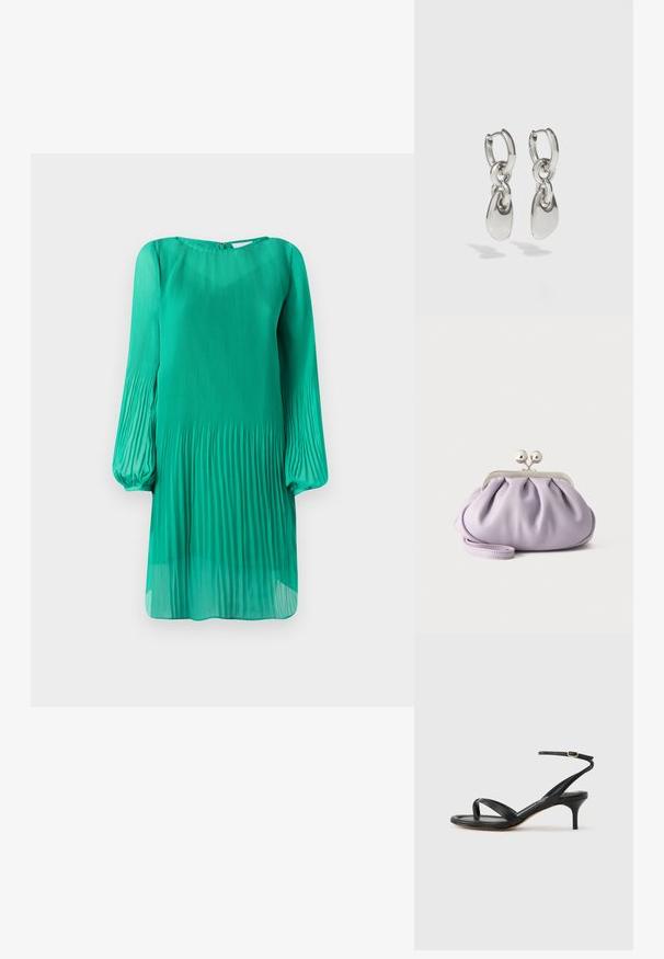 Vestido verde plisado con mangas largas tipo globo y escote redondo. La tela es ligera y transparente, con una silueta fluida.; Sandalia negra de cuero para mujer con tiras finas, un lazo para el dedo del pie, hebilla en el tobillo y tacón de aguja de altura media sobre un fondo neutro.; Bolso de mano suave de lavanda con tela recogida, cierre de beso plateado y correa de muñeca a juego sobre un fondo liso y claro.; Pendientes de aro de plata con enlaces ovalados alargados, con un acabado pulido y un colgante con textura. Diseño sencillo con bordes suaves.