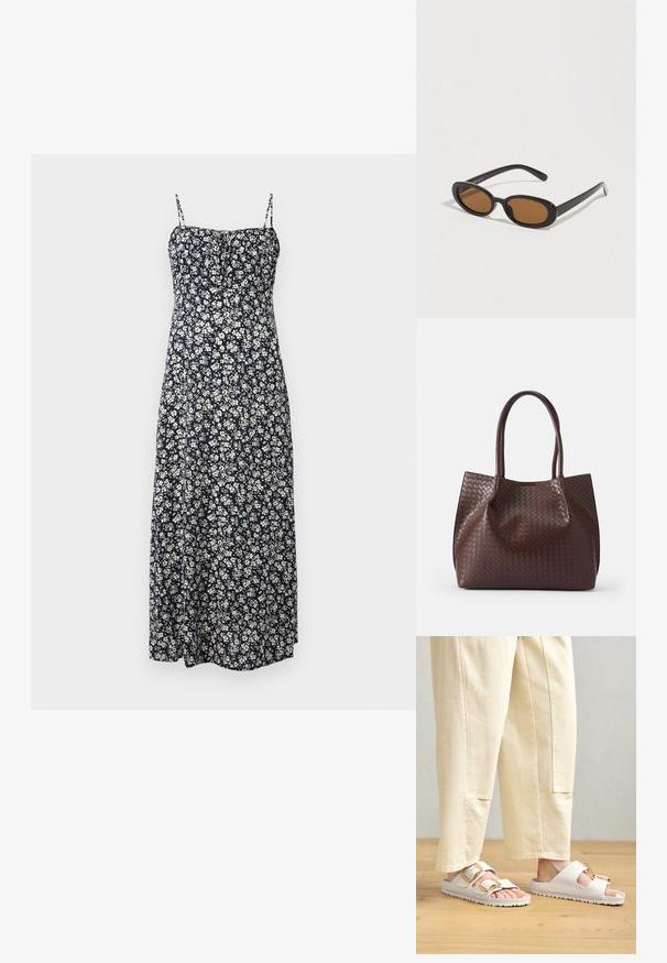 Marineblå blomster maxi-kjole med justerbare spaghetti-stropper, der har hvide blomster mønstre, en tætsiddende liv og en svajende nederste kant.; Hvide sandaler med to stropper lavet af blødt materiale, med guld spænder og en tekstureret sål. Båret med løse cremefarvede bukser.; Solbriller med ovale brune linser, sorte plastikstel og tynde arme. Glat tekstur med et minimalistisk design.; Brun vævet læder tote taske med to håndtag, der har en tekstureret overflade og et åbent topdesign. Minimalistisk form uden yderligere hardware.